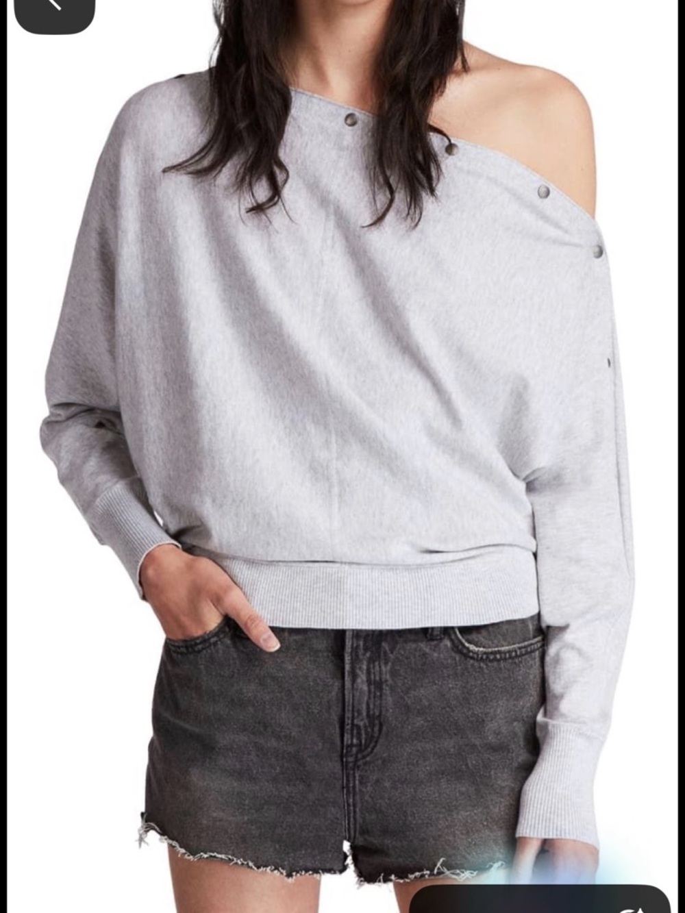 All Saints look alike Light Gray Off-the-Shoulder Snap-Detail Sweatshirt SzS